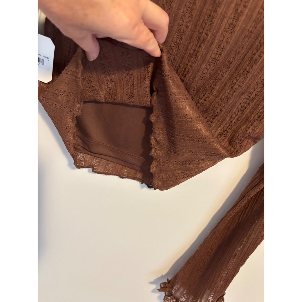 Altar'd State Brown Pointelle Lace Mock Neck Bell Sleeve Top cottagecore NWT M - Picture 11 of 11